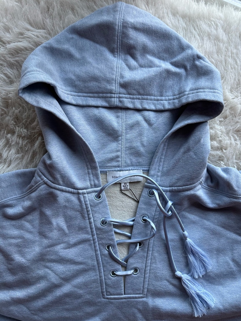 Something Navy Sophia Light Blue Lace-Up Hoodie with Tassels and shimmer - Picture 7 of 13